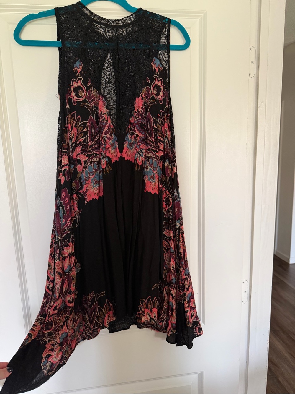 Free People Black Floral Lace Tank Tunic with Pink and Blue Accents